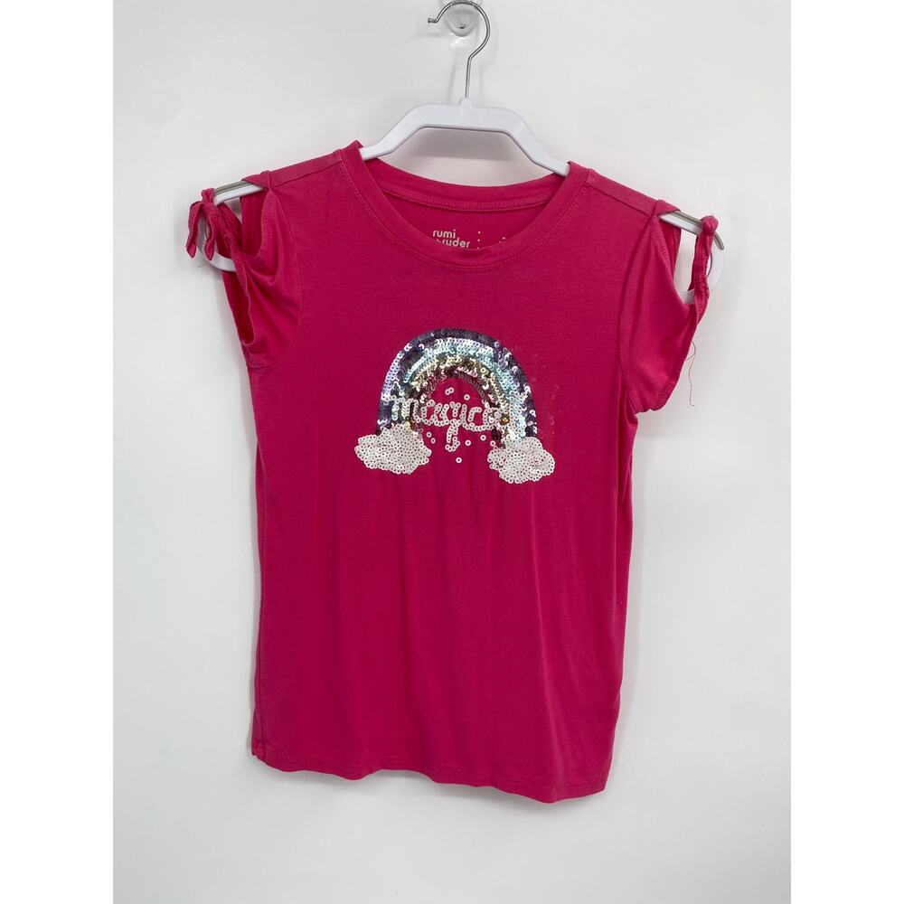 Rumi + Ryder Pink Short Sleeve Rainbow Magical Shirt Tie Sleeve M 8-10